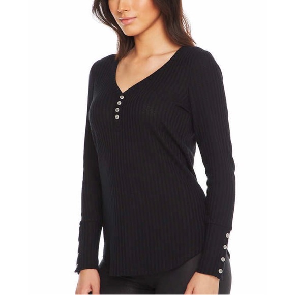 Chaser Tops - Chaser Button Front Long Sleeve Waffle Thermal Knit Tunic Sweater Top
